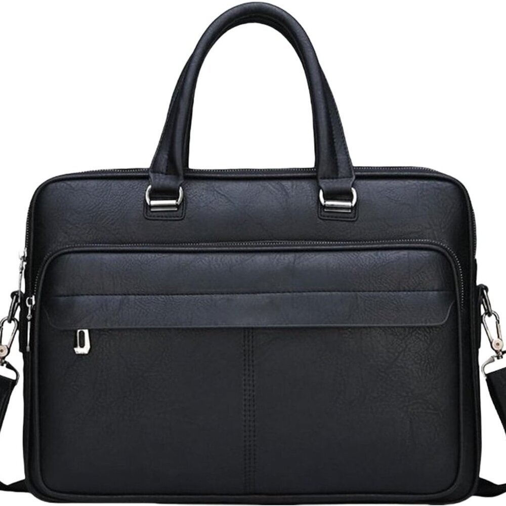Men's 16-Inch Laptop Briefcase - Durable PU Leather with Secure Zippered Storage